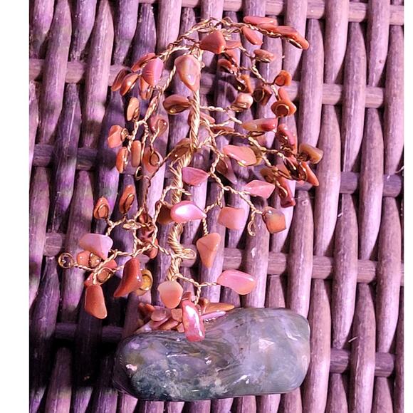 Carnelian Gemstone Bonsai Tree Copper Wire Sculpture Green Crystal Base Folk Art - Picture 4 of 9